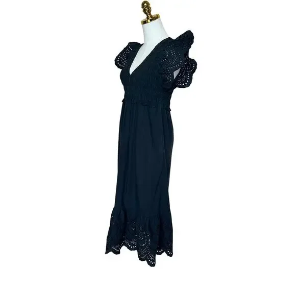 Rails Black Eyelet Midi Dress SMALL Smocked Cottage Ruffle Cotton Designer $268 - Picture 8 of 11